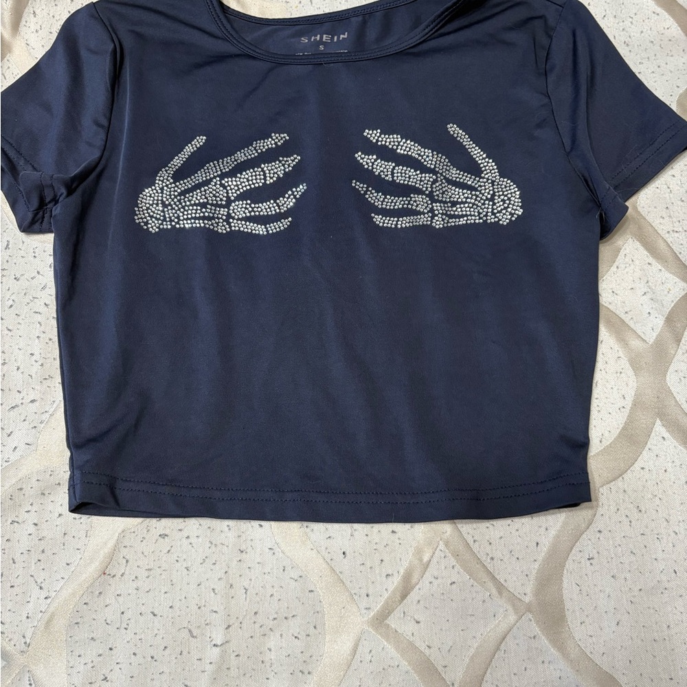 SHEIN Dark Blue Crop Top with Skeleton Graphic